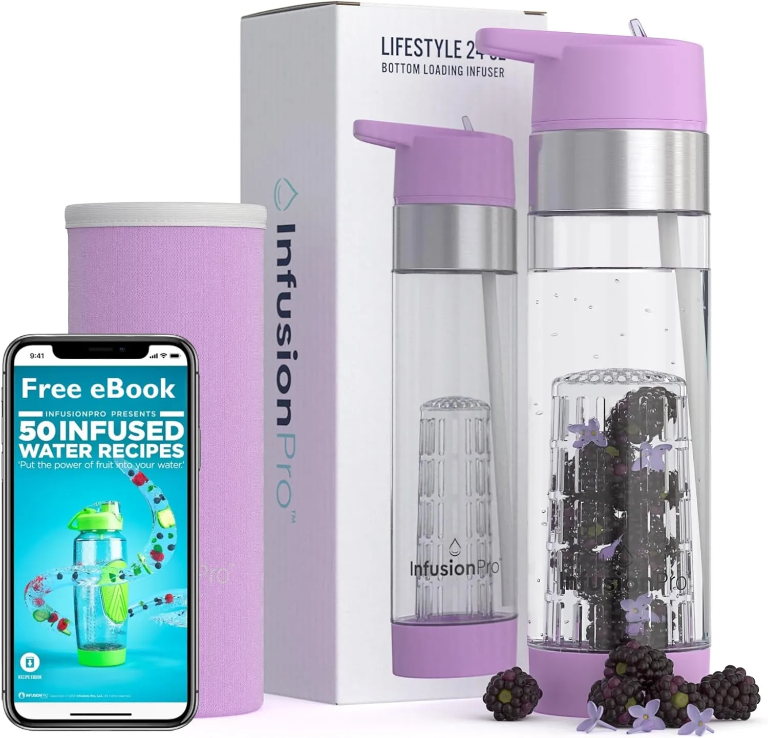 Infusion Pro Fruit Infuser Water Bottle with Straw Lid 24 oz : Flip-Up Straw : Insulated Sleeve & Fruit Infusion Water eBook : Bottom Loading Infuser for More Flavor - Orchid