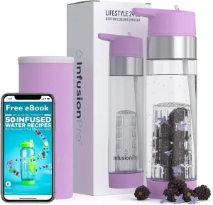 Infusion Pro Fruit Infuser Water Bottle with Straw Lid 24 oz : Flip-Up Straw : Insulated Sleeve & Fruit Infusion Water eBook : Bottom Loading Infuser for More Flavor - Orchid