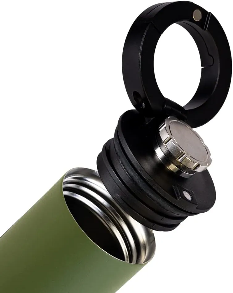 Insulated Flask, 8 oz Double-Walled Vacuum Sealed Stainless Steel, Leak-Proof Drinking Cap, Split Flip Carabiner for Easy Attachment, Predator Green
