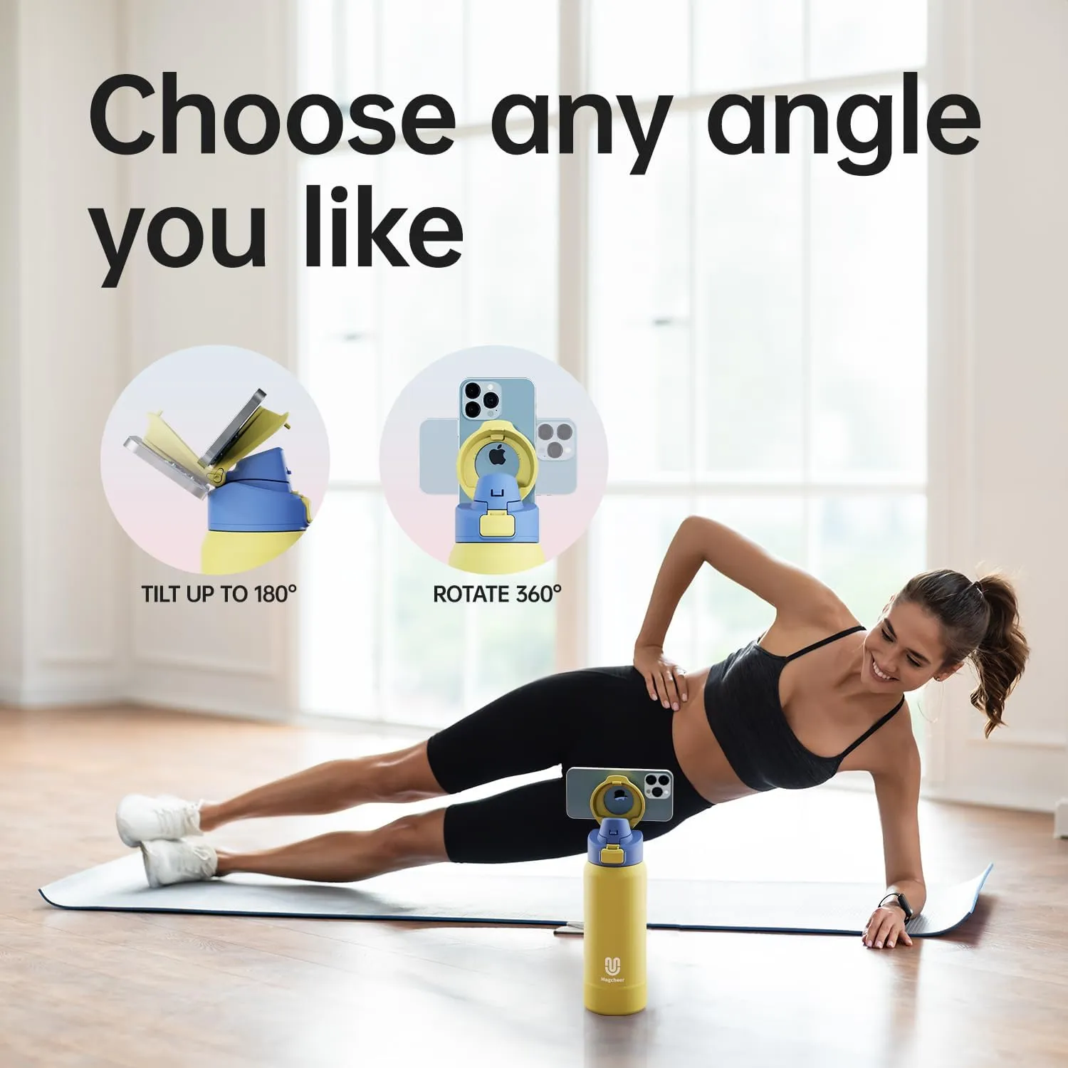 Insulated Magnetic Water Bottle - Reusable Stainless Steel Bottle with MagSafe Compatible Phone Holder - Keeps Cold for 24 Hours - Perfect for Gym, Sports, and Travel - Yellow 24oz