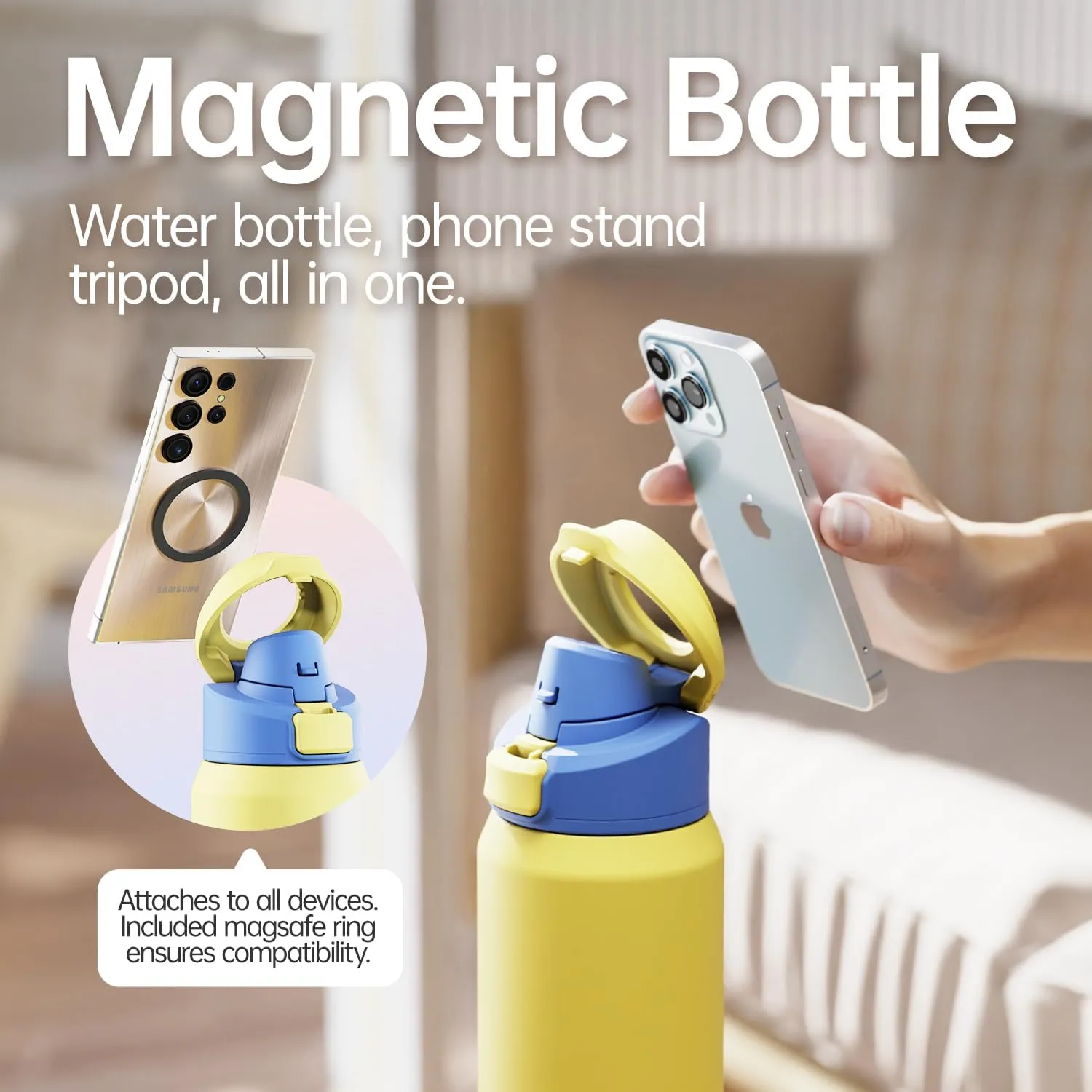 Insulated Magnetic Water Bottle - Reusable Stainless Steel Bottle with MagSafe Compatible Phone Holder - Keeps Cold for 24 Hours - Perfect for Gym, Sports, and Travel - Yellow 24oz