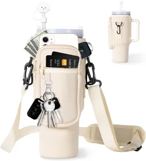 Insulated Neoprene Tumbler Bag, Stanley 40oz Compatible, Zipper Cell Phone Pocket, Key Hook and Adjustable Strap. (Beige)