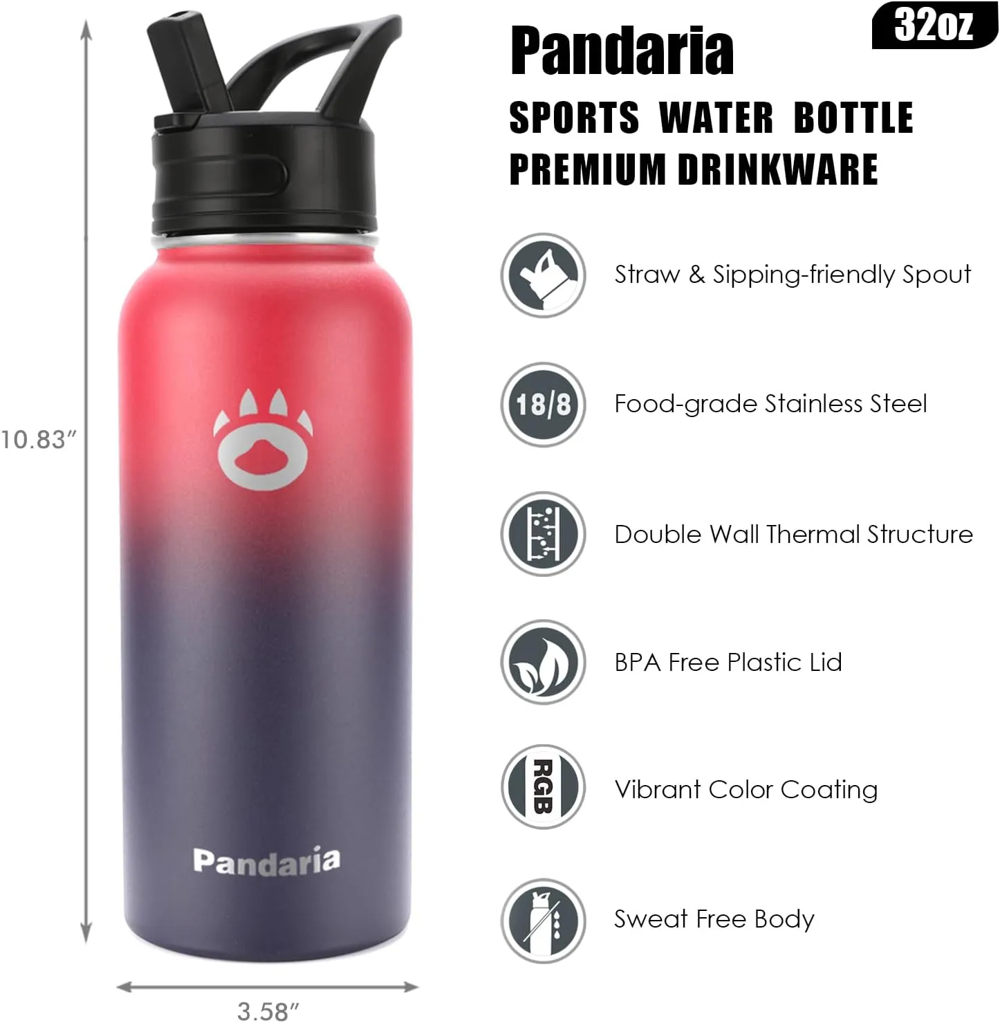 Insulated Water Bottle 32oz, Stainless Steel Water Bottle with Straw & Spout Lids & Paracord Handle