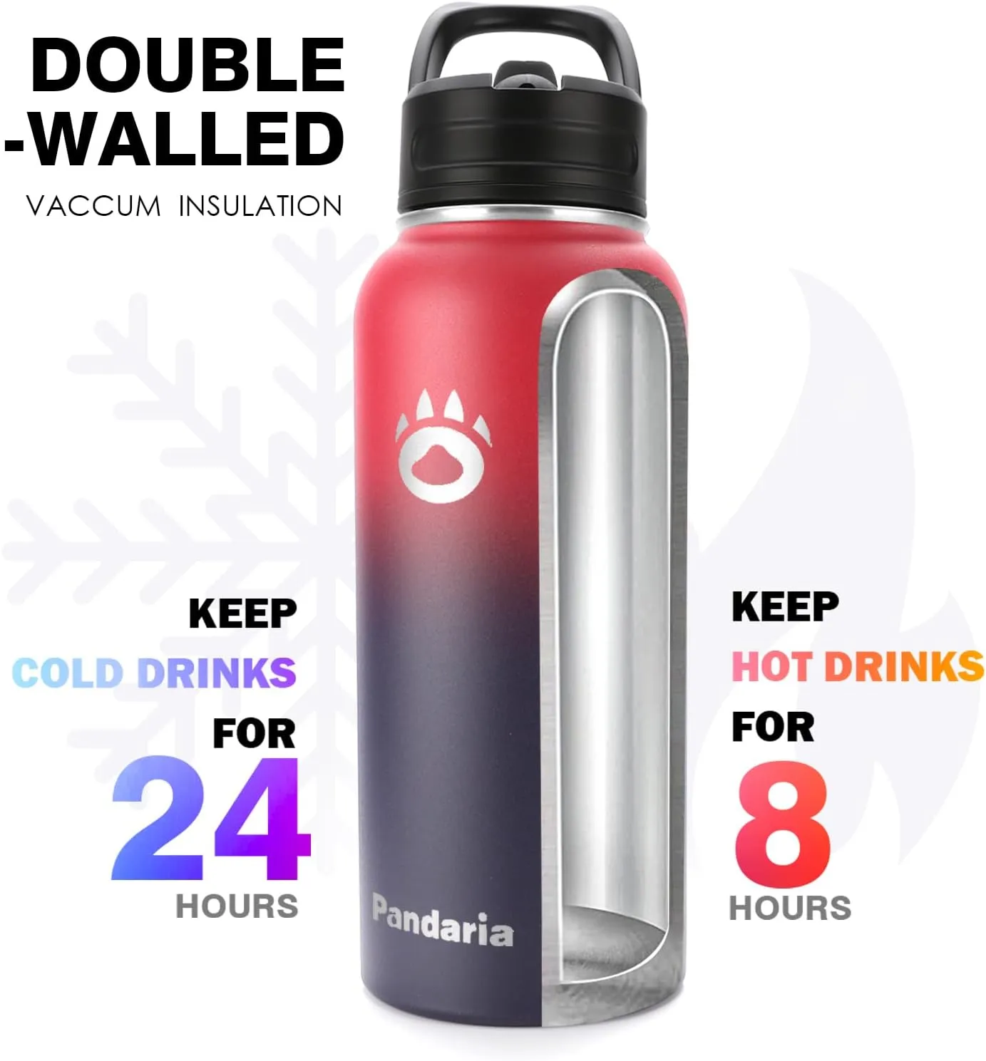 Insulated Water Bottle 32oz, Stainless Steel Water Bottle with Straw & Spout Lids & Paracord Handle