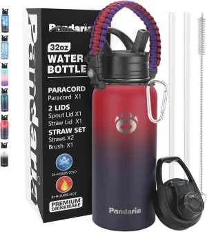 Insulated Water Bottle 32oz, Stainless Steel Water Bottle with Straw & Spout Lids & Paracord Handle