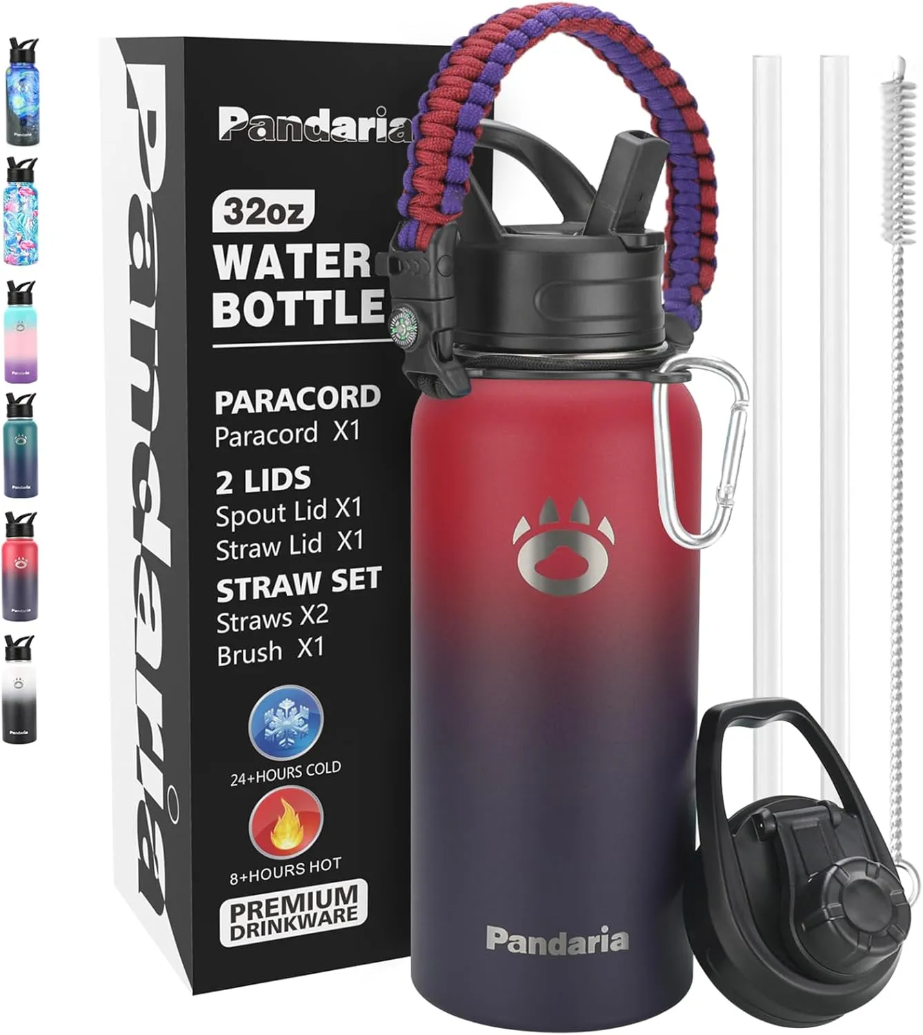 Insulated Water Bottle 32oz, Stainless Steel Water Bottle with Straw & Spout Lids & Paracord Handle