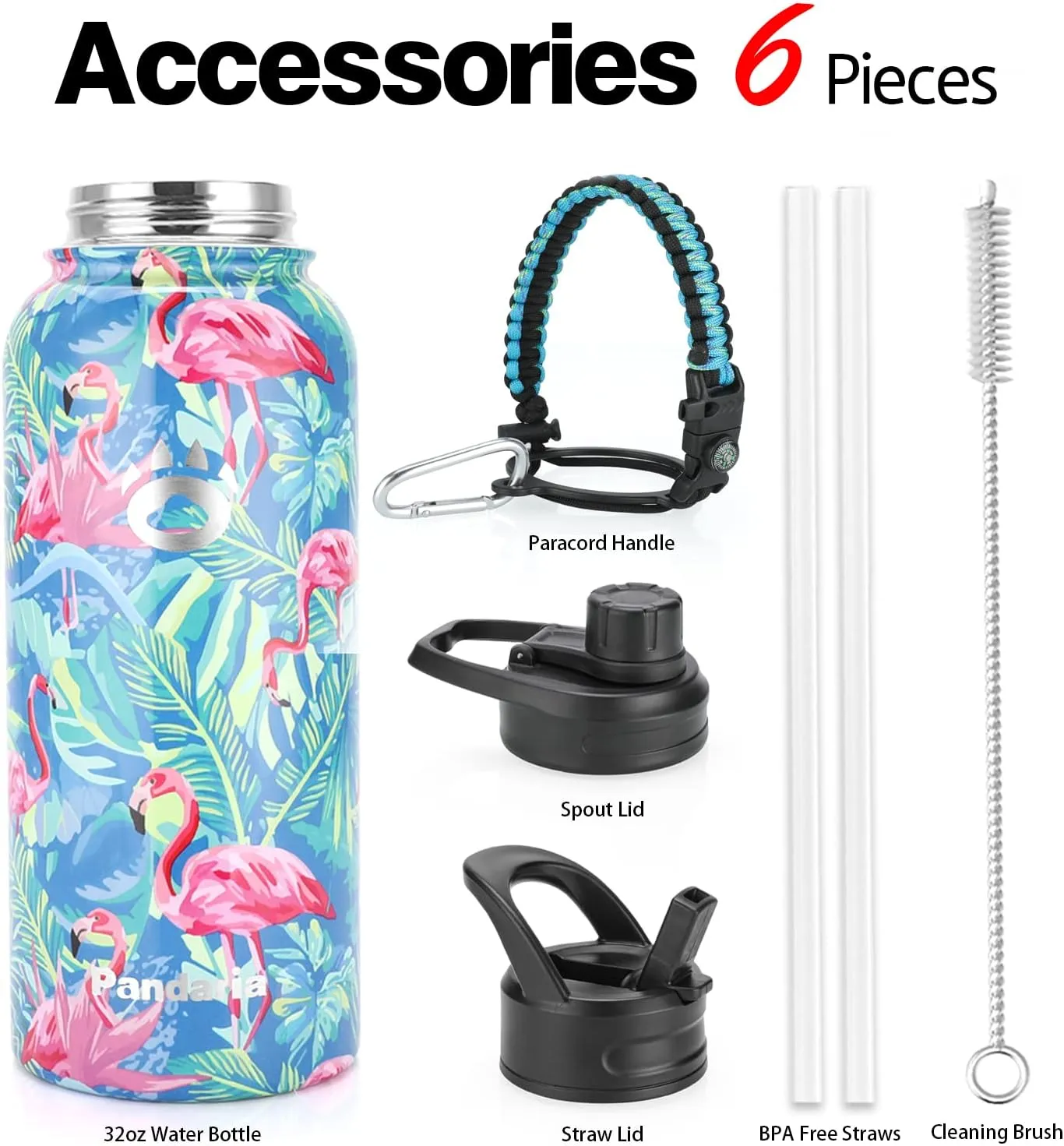 Insulated Water Bottle 32oz, Stainless Steel Water Bottle with Straw & Spout Lids & Paracord Handle