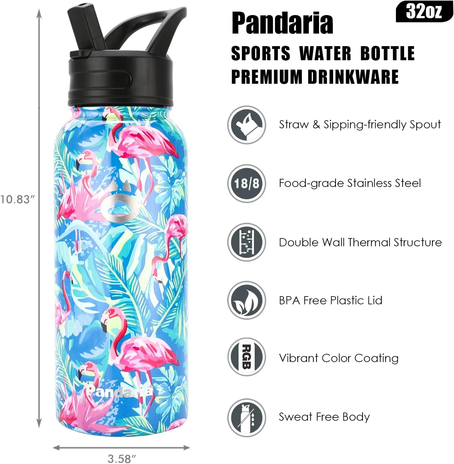 Insulated Water Bottle 32oz, Stainless Steel Water Bottle with Straw & Spout Lids & Paracord Handle