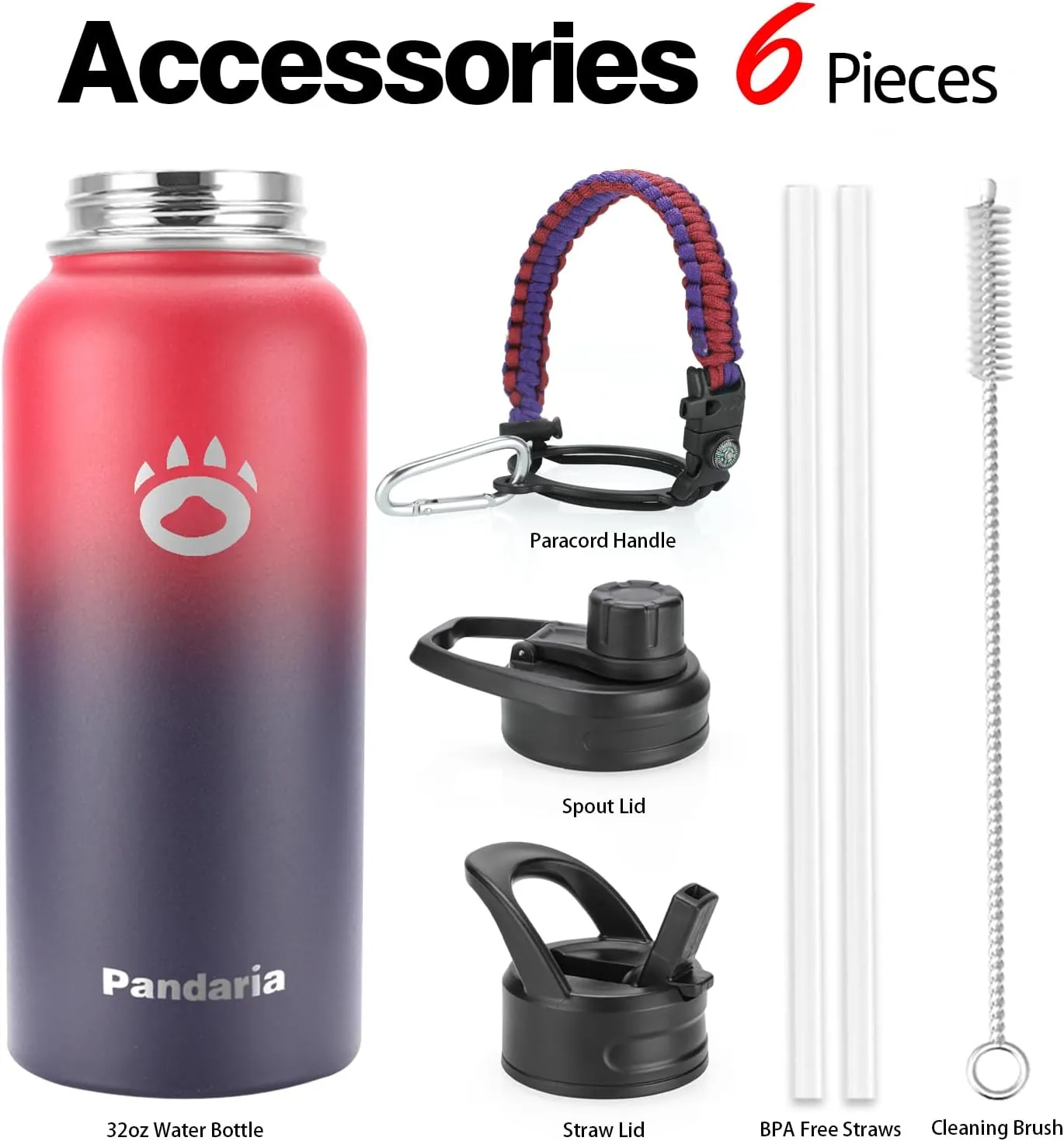 Insulated Water Bottle 32oz, Stainless Steel Water Bottle with Straw & Spout Lids & Paracord Handle