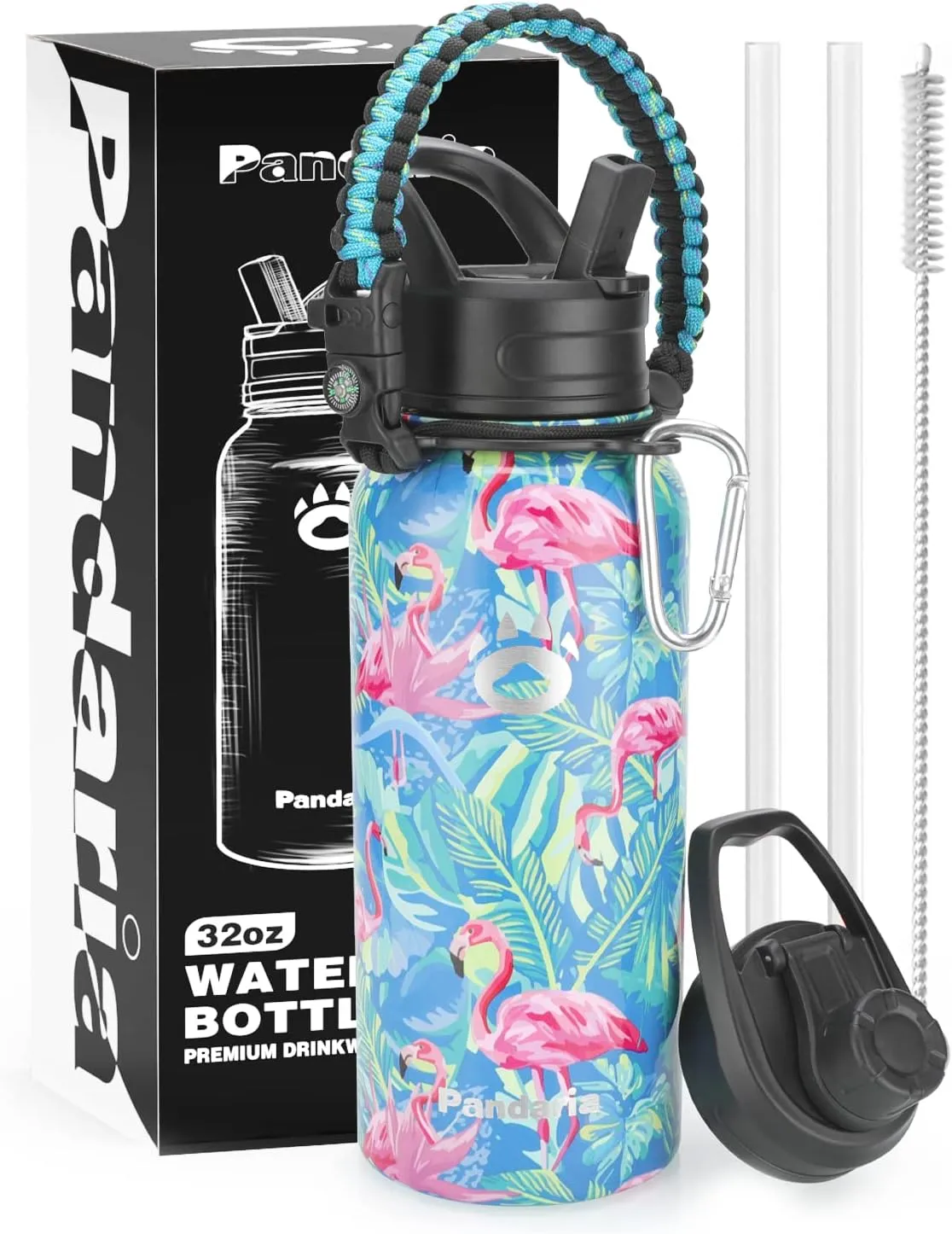 Insulated Water Bottle 32oz, Stainless Steel Water Bottle with Straw & Spout Lids & Paracord Handle