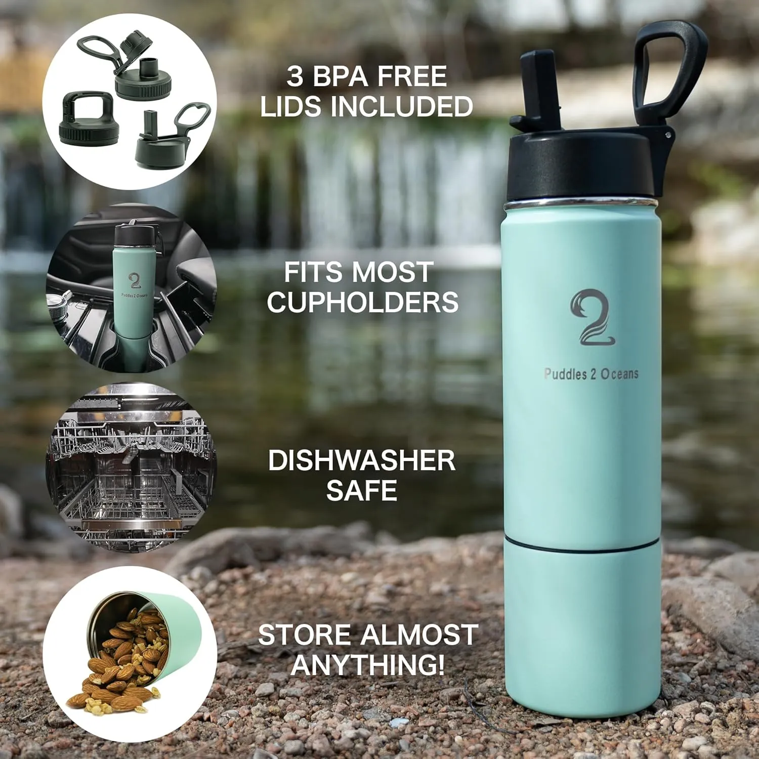 Insulated Water Bottle & Snack Container - Stainless Steel Water Bottle, 3 Lid Types BPA Free, Leak & Spill Proof Travel Bottle for Kids & Adults - Double Wall Tumbler Perfect for Gym, Hiking & School