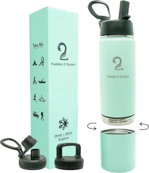 Insulated Water Bottle & Snack Container - Stainless Steel Water Bottle, 3 Lid Types BPA Free, Leak & Spill Proof Travel Bottle for Kids & Adults - Double Wall Tumbler Perfect for Gym, Hiking & School