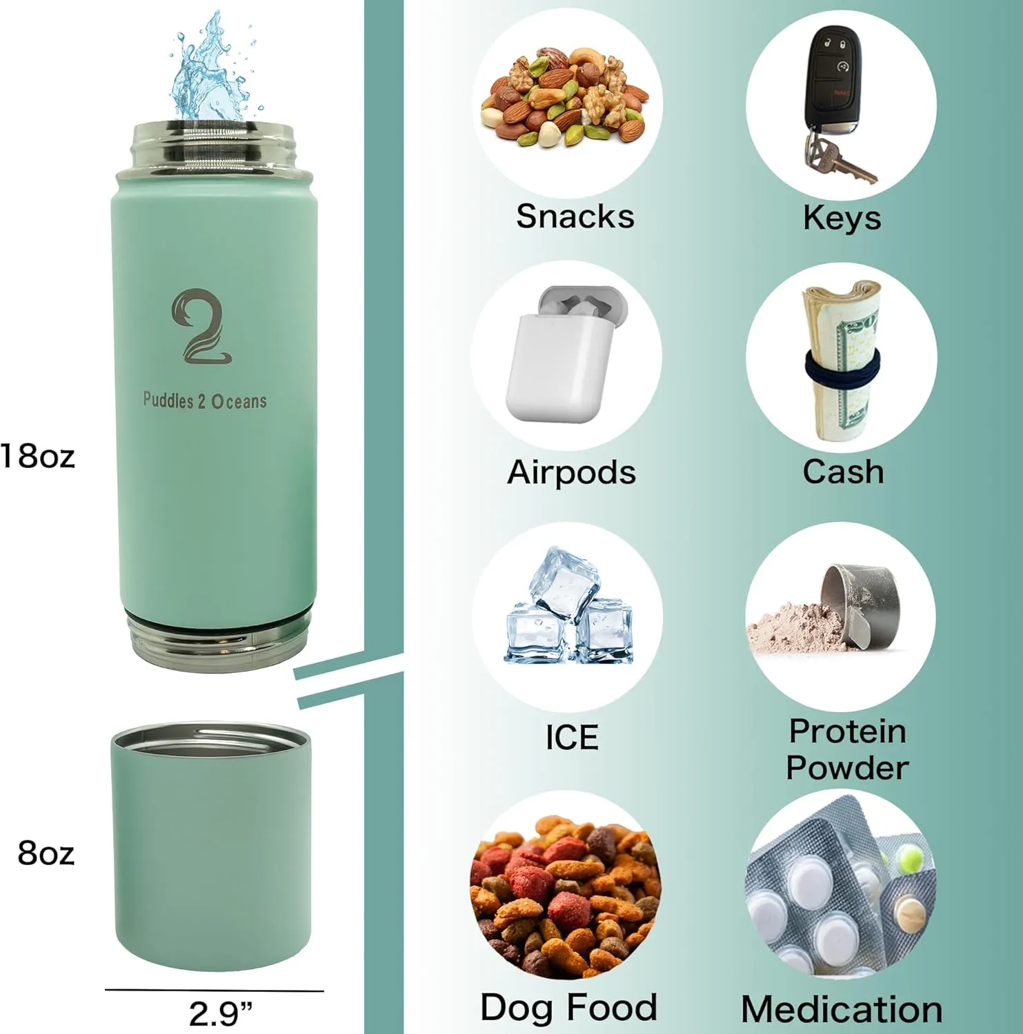 Insulated Water Bottle & Snack Container - Stainless Steel Water Bottle, 3 Lid Types BPA Free, Leak & Spill Proof Travel Bottle for Kids & Adults - Double Wall Tumbler Perfect for Gym, Hiking & School