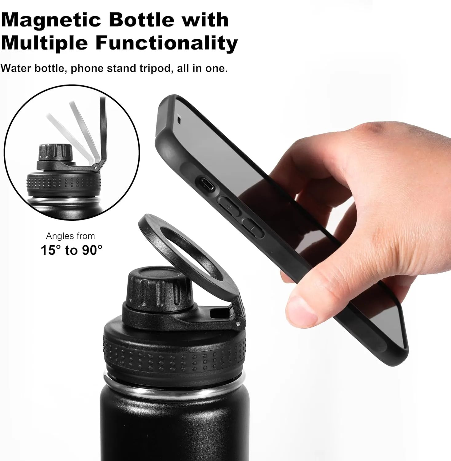 Insulated Water Bottle - Compatible MagSafe Water Bottle - Stainless Steel Water Bottle With Magnetic Phone Tripod Mount - BPA-Free - Car, Gym & Sports Water Bottle - 360°Rotate, White 24oz