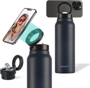 Insulated Water Bottle with Magnetic Phone Holder Compatible with MagSafe and iPhone, Stainless Steel Water Bottle Phone Mount For Sports Travel School, Hot 12H Cold 24H, 24oz (Blue)