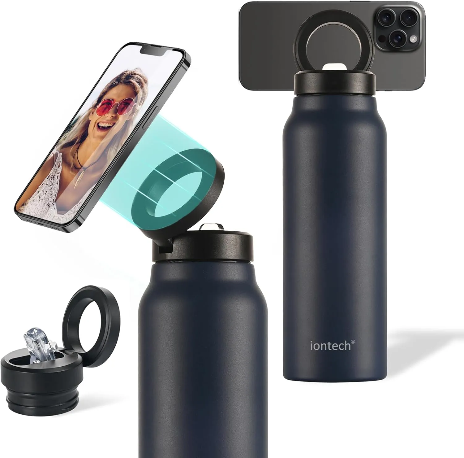 Insulated Water Bottle with Magnetic Phone Holder Compatible with MagSafe and iPhone, Stainless Steel Water Bottle Phone Mount For Sports Travel School, Hot 12H Cold 24H, 24oz (Blue)