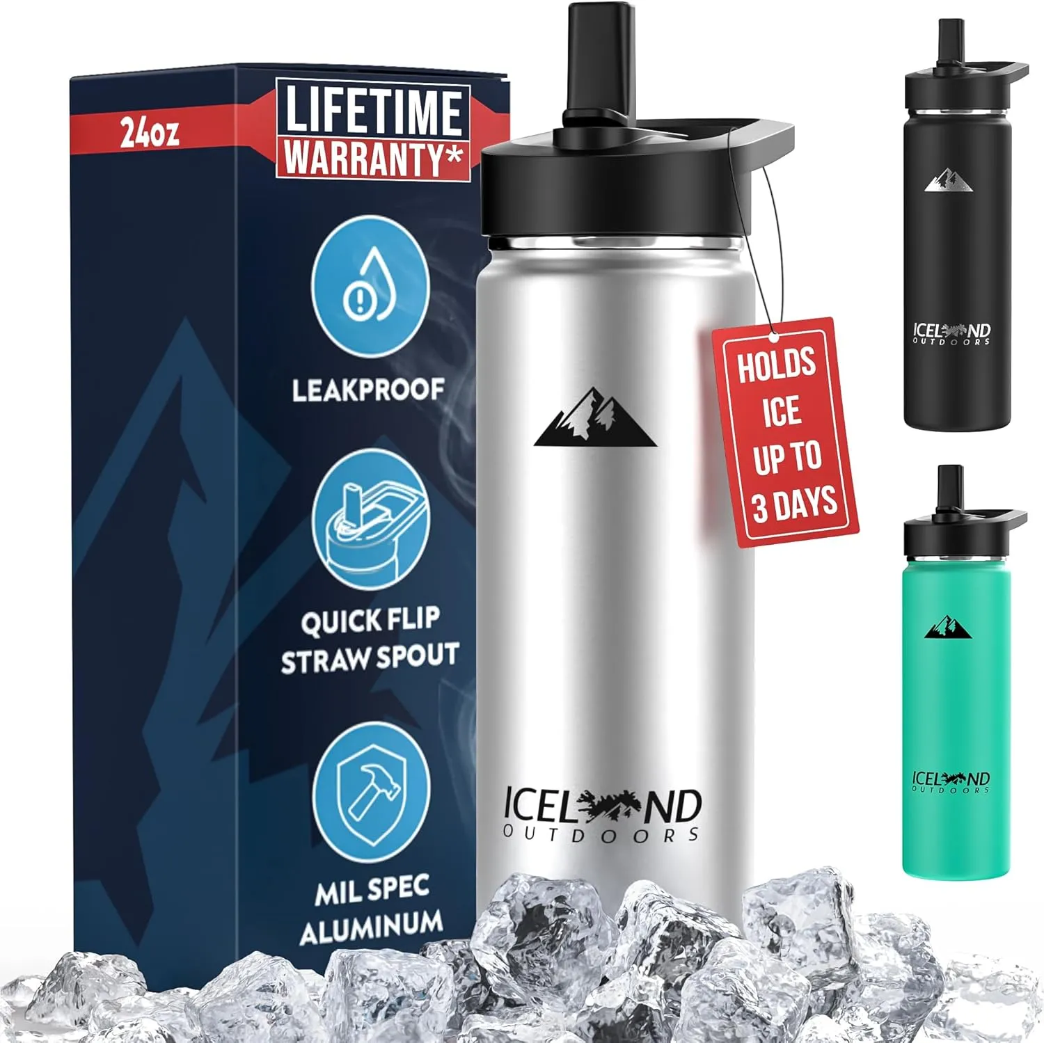 Insulated Water Bottle with Straw and Flip Top Lid, Fits Cup Holder, Double Walled Stainless Steel Vacuum Sealed, Leak and Sweat Proof Stainless Steel 24oz