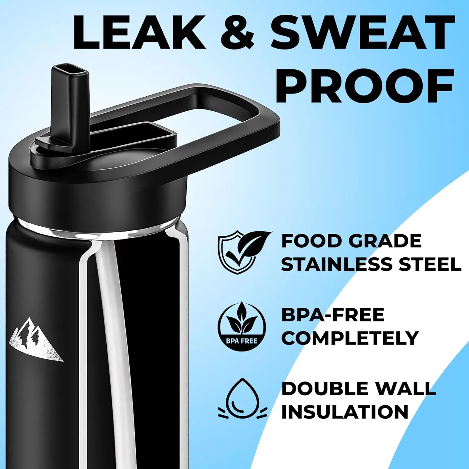 Insulated Water Bottle with Straw and Flip Top Lid, Fits Cup Holder, Double Walled Stainless Steel Vacuum Sealed, Leak and Sweat Proof Stainless Steel 24oz