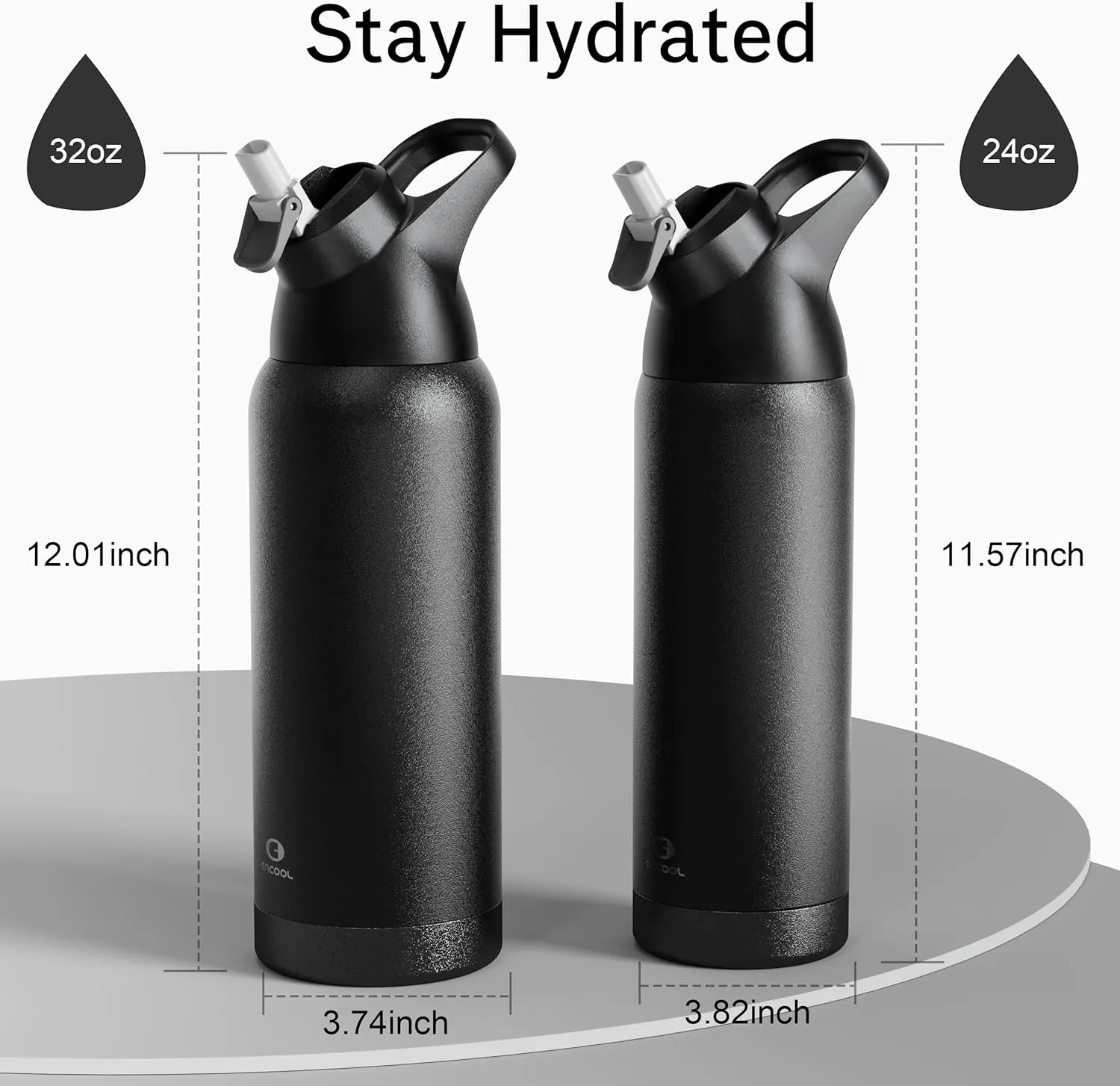 Insulated Water Bottle with Straw - Encool Stainless Steel Water Bottle, Reusable Leakproof and BPA-Free for Sports, Travel, Cold for 24 Hours, 24 oz, Black Night