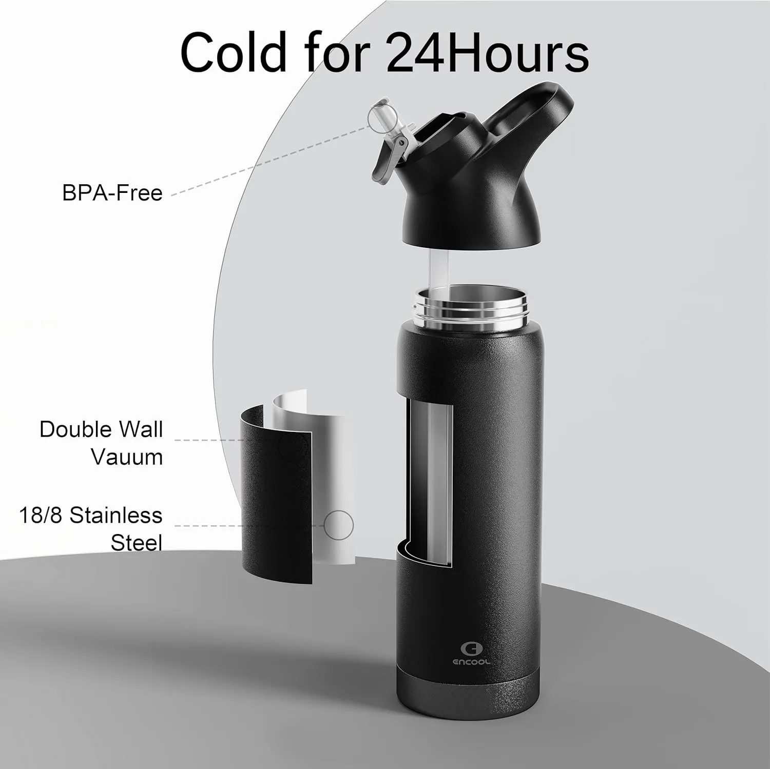 Insulated Water Bottle with Straw - Encool Stainless Steel Water Bottle, Reusable Leakproof and BPA-Free for Sports, Travel, Cold for 24 Hours, 24 oz, Black Night
