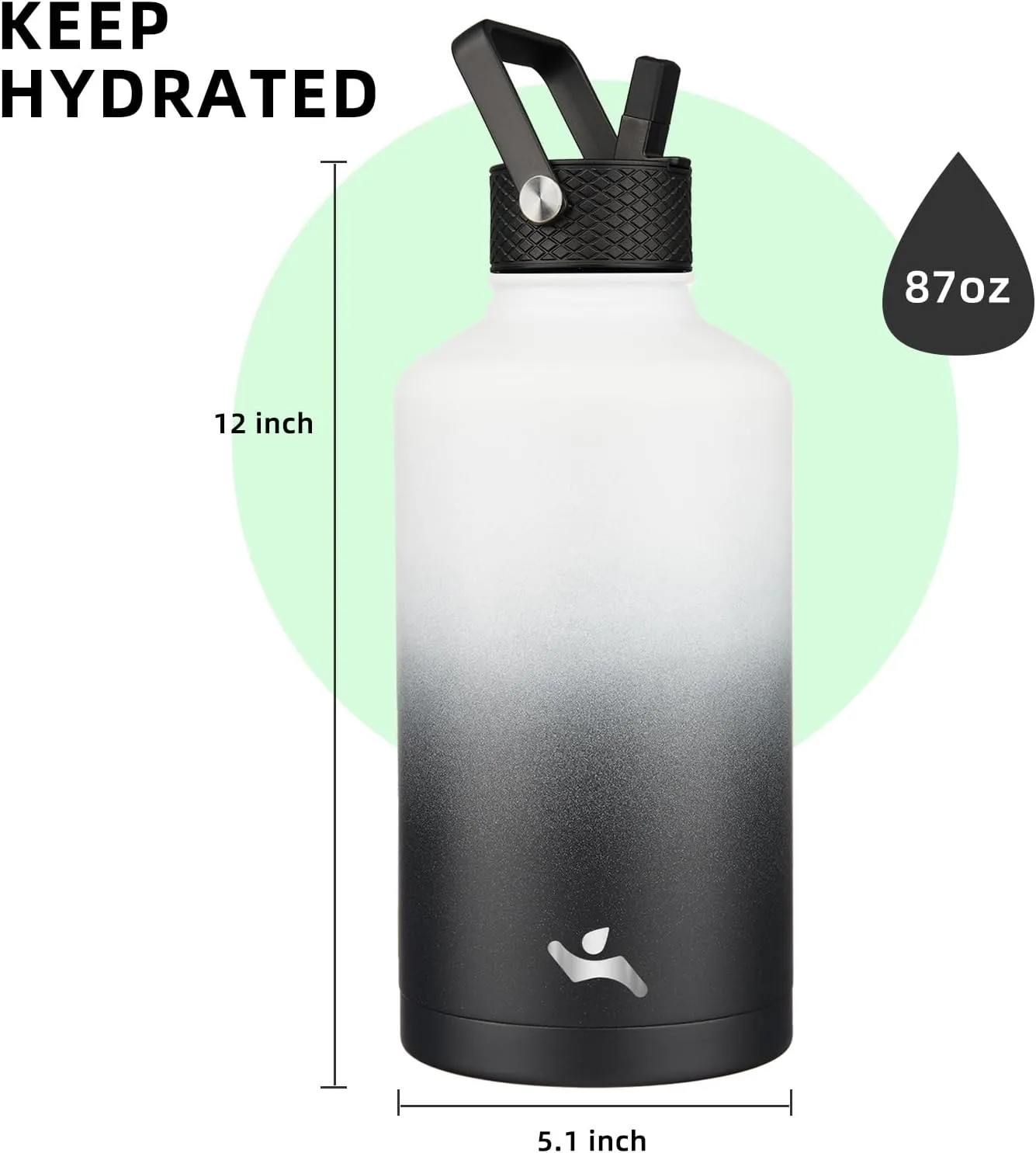 Insulated Water Bottle with Straw,87 oz 3 Lids Water Jug with Carrying Bag,Paracord Handle,Double Wall Vacuum Stainless Steel Metal Flask,Day Night