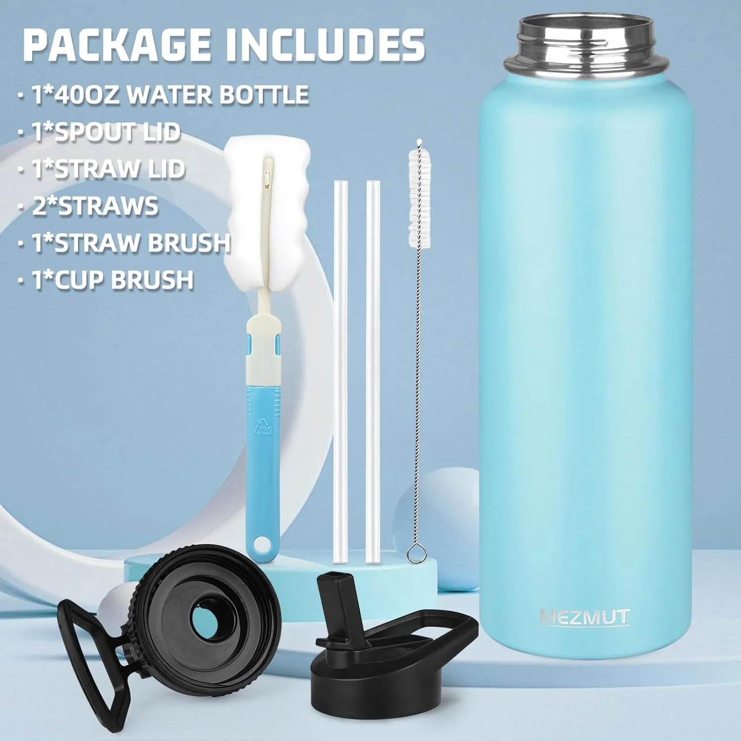 Insulated Water Bottle with Straw&2 Lids 40oz Stainless Steel Water Bottles Sports Metal Water Bottle Double Walled Vacuum Insulated Bottles Thermos Leak-Proof Travel Thermal (Blue)
