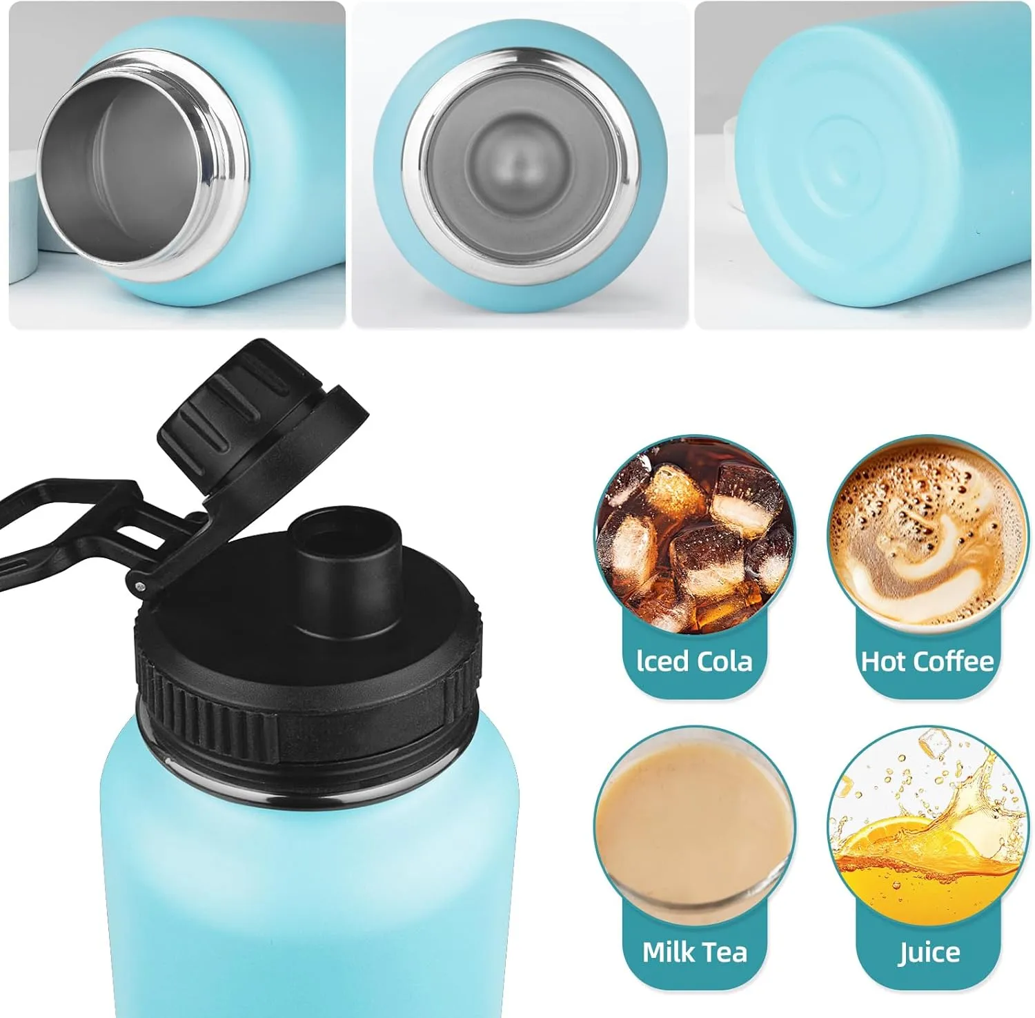 Insulated Water Bottle with Straw&2 Lids 40oz Stainless Steel Water Bottles Sports Metal Water Bottle Double Walled Vacuum Insulated Bottles Thermos Leak-Proof Travel Thermal (Blue)