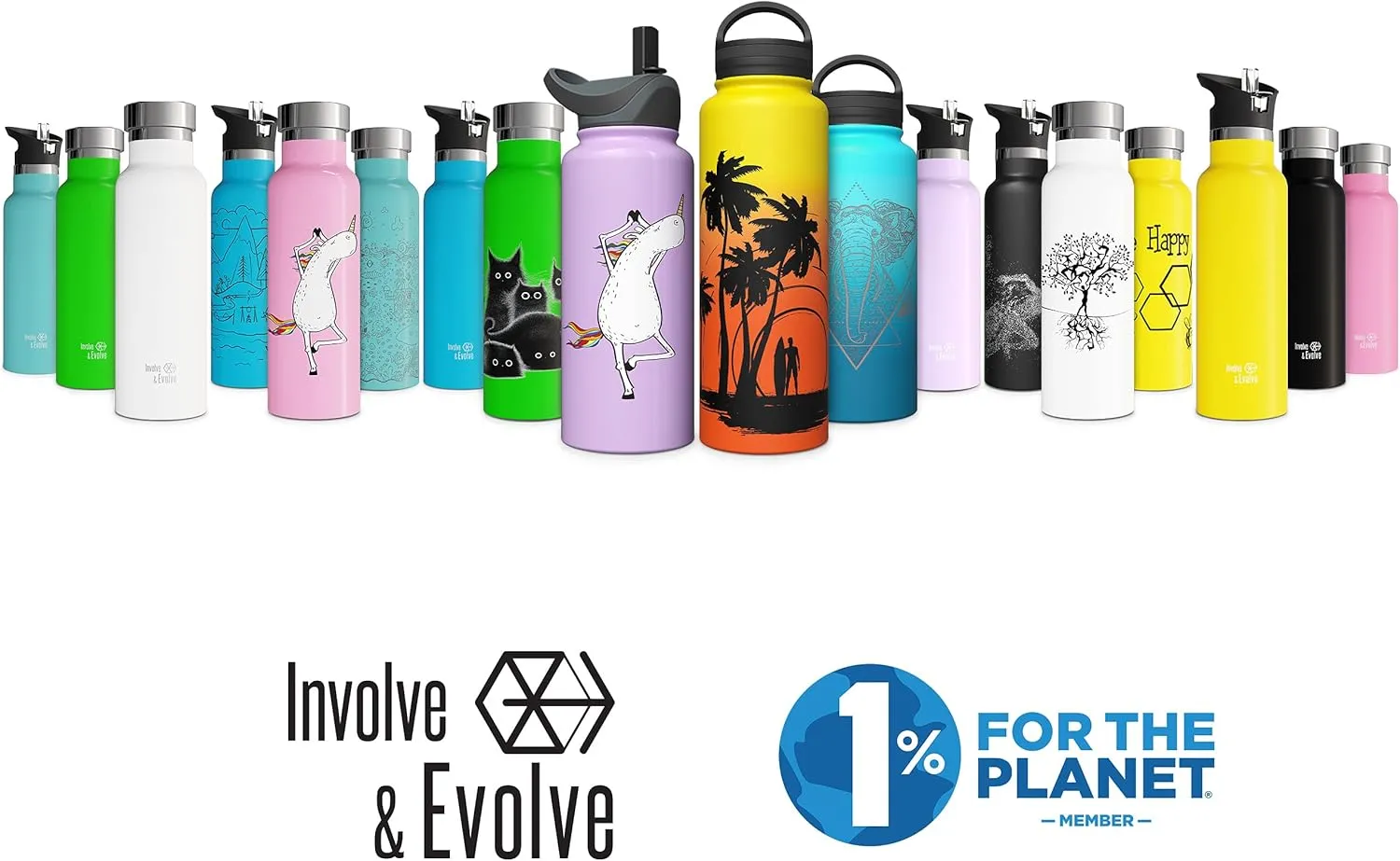 Involve & Evolve Insulated Water Bottle with 2 Lids (Straw Lid) Reusable Double Walled Wide Mouth Stainless Steel Kids Flask Thermos 18oz 24oz 32oz 40oz