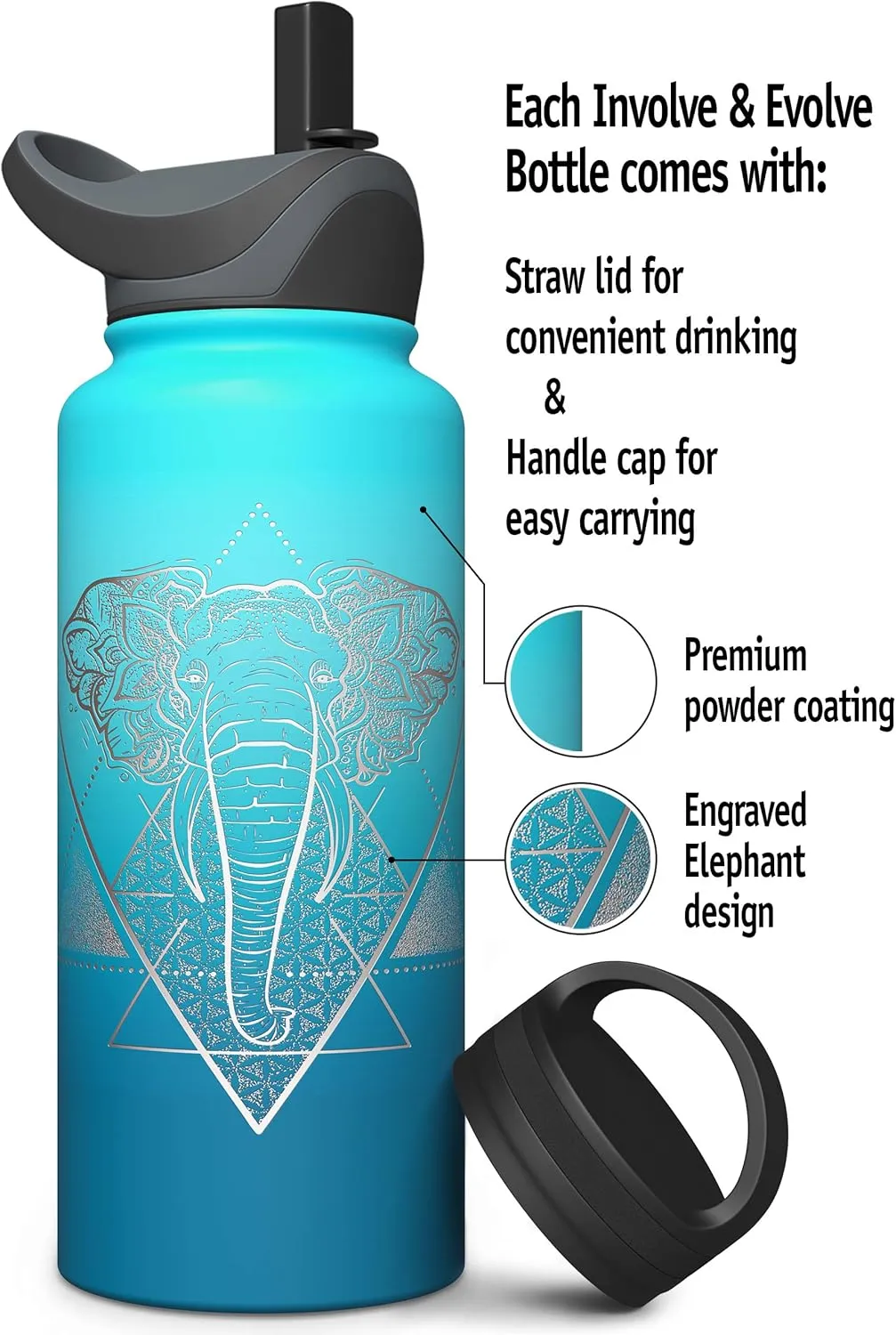 Involve & Evolve Insulated Water Bottle with 2 Lids (Straw Lid) Reusable Double Walled Wide Mouth Stainless Steel Kids Flask Thermos 18oz 24oz 32oz 40oz
