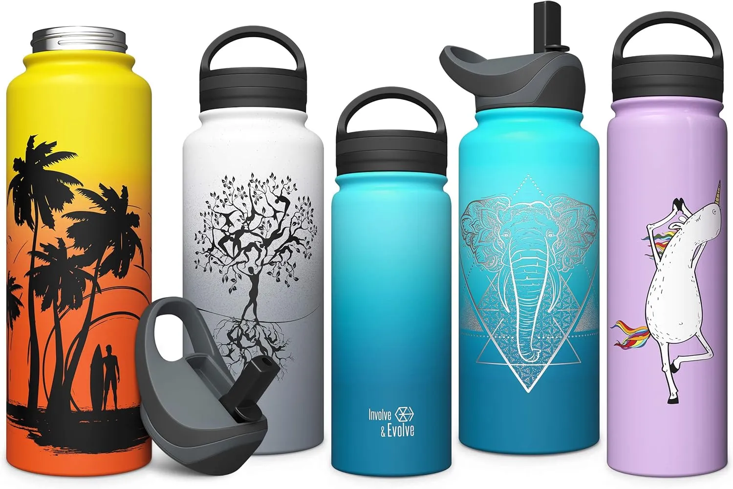 Involve & Evolve Insulated Water Bottle with 2 Lids (Straw Lid) Reusable Double Walled Wide Mouth Stainless Steel Kids Flask Thermos 18oz 24oz 32oz 40oz