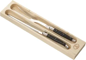 Jean Dubost Laguiole 2-Piece Carving Set, Black Handles - Rust-Resistant Stainless Steel - Includes Wooden Tray - Made in France