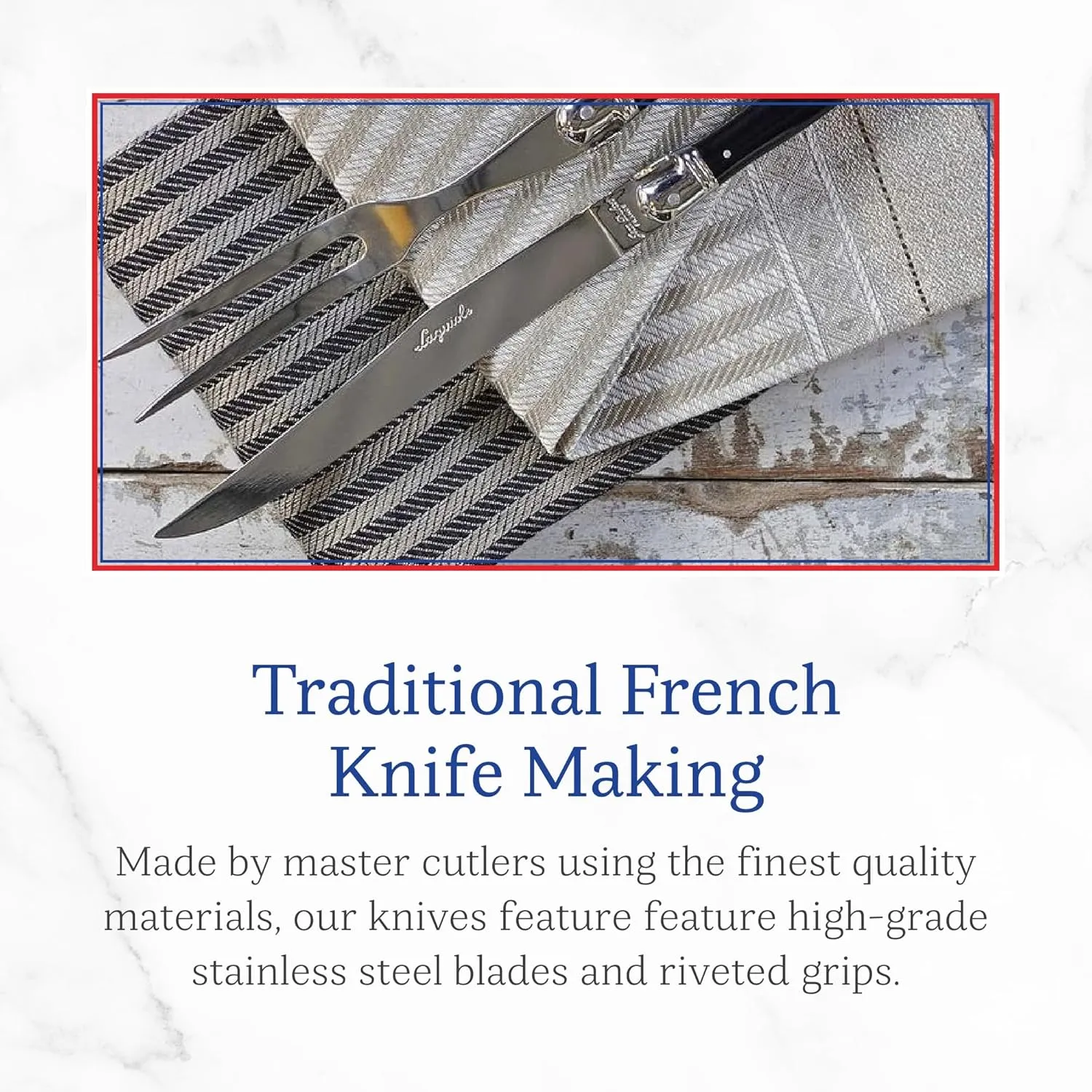 Jean Dubost Laguiole 2-Piece Carving Set, Black Handles - Rust-Resistant Stainless Steel - Includes Wooden Tray - Made in France
