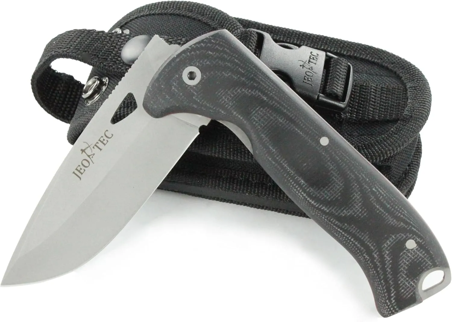 JEO-TEC Nº47 Bushcraft Survival Hunting Folding Knife, Stainless Steel MV-58, Multi-positioned Sheath, Handmade (Diamond Powder Coated Blade)