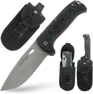 JEO-TEC Nº47 Bushcraft Survival Hunting Folding Knife, Stainless Steel MV-58, Multi-positioned Sheath, Handmade (Diamond Powder Coated Blade)