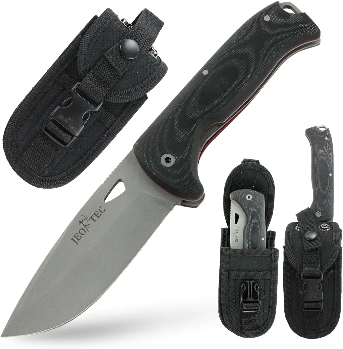 JEO-TEC Nº47 Bushcraft Survival Hunting Folding Knife, Stainless Steel MV-58, Multi-positioned Sheath, Handmade (Diamond Powder Coated Blade)