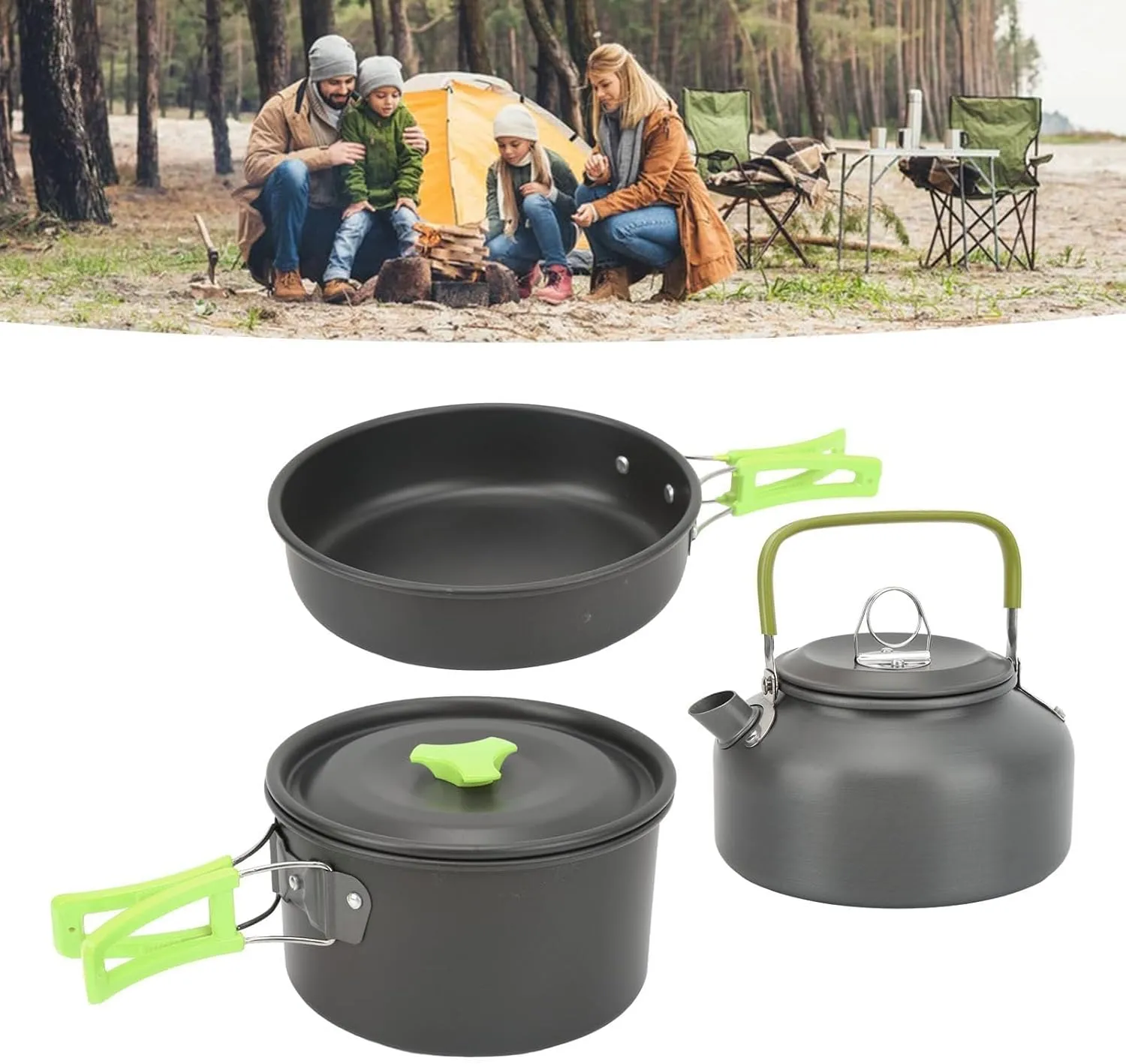 JEOZBM 14pcs Camping Cookware Mess Kit, Camping Cookware Set with Non-Non-Stick Pot Kettle Stainless Steel Cups Forks Knives Spoons, Camping Accessories Essentials Kit