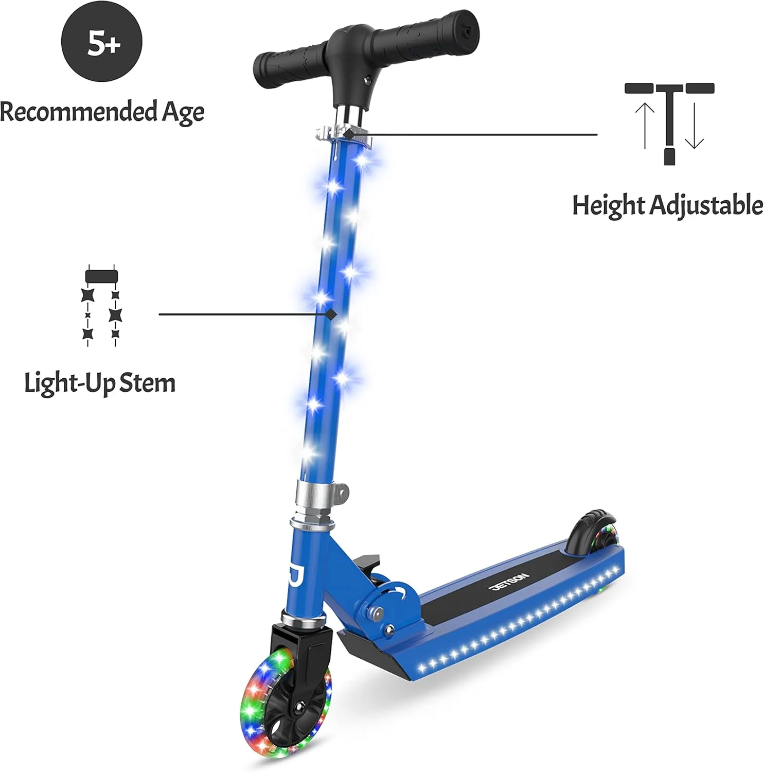 Jetson 2-Wheel Light-Up Kick Scooter, Light Up Deck and Wheels, Height Adjustable Handlebar, Rear Brake, Easy-Folding Mechanism, 4 or 6 inch wheels