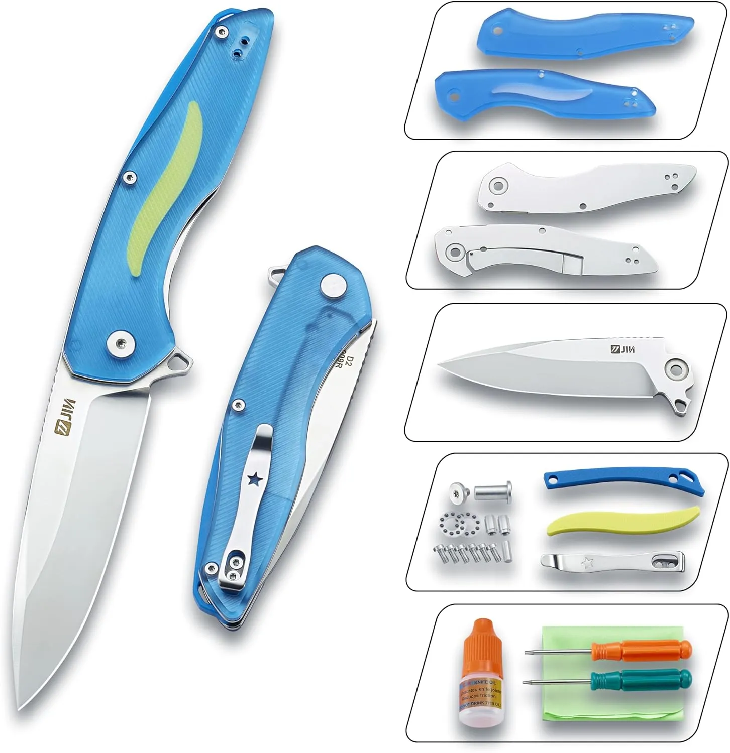 JIN Pocket Knife Kit for Men, Folding Knives, Captain EDC Knife with Clip, Sharp 3.5" D2 Blade, Acrylic Handle, DIY Kit, Gift Idea, Camping, Hiking