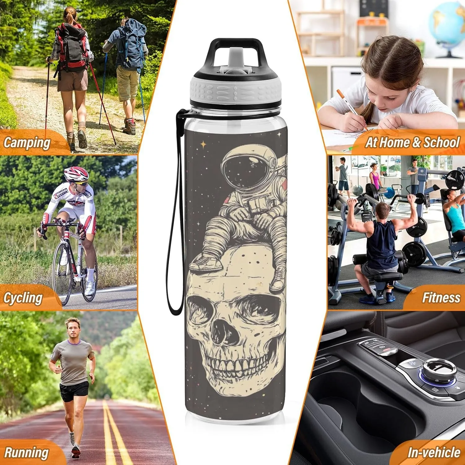 Joisal Astronaut Skull Space 32 Oz Water Bottle BPA-Free Slim Water Bottles for Outdoor Sports