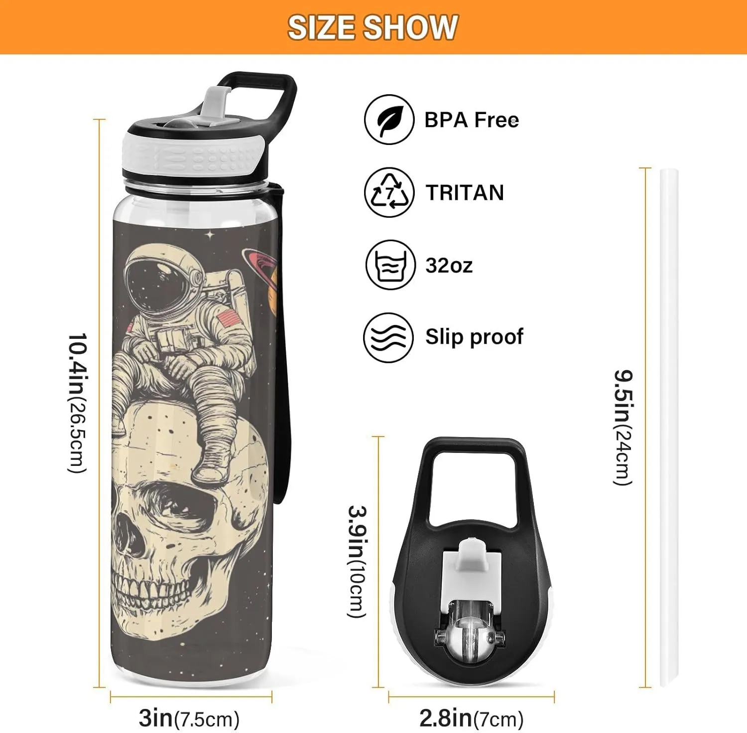 Joisal Astronaut Skull Space 32 Oz Water Bottle BPA-Free Slim Water Bottles for Outdoor Sports