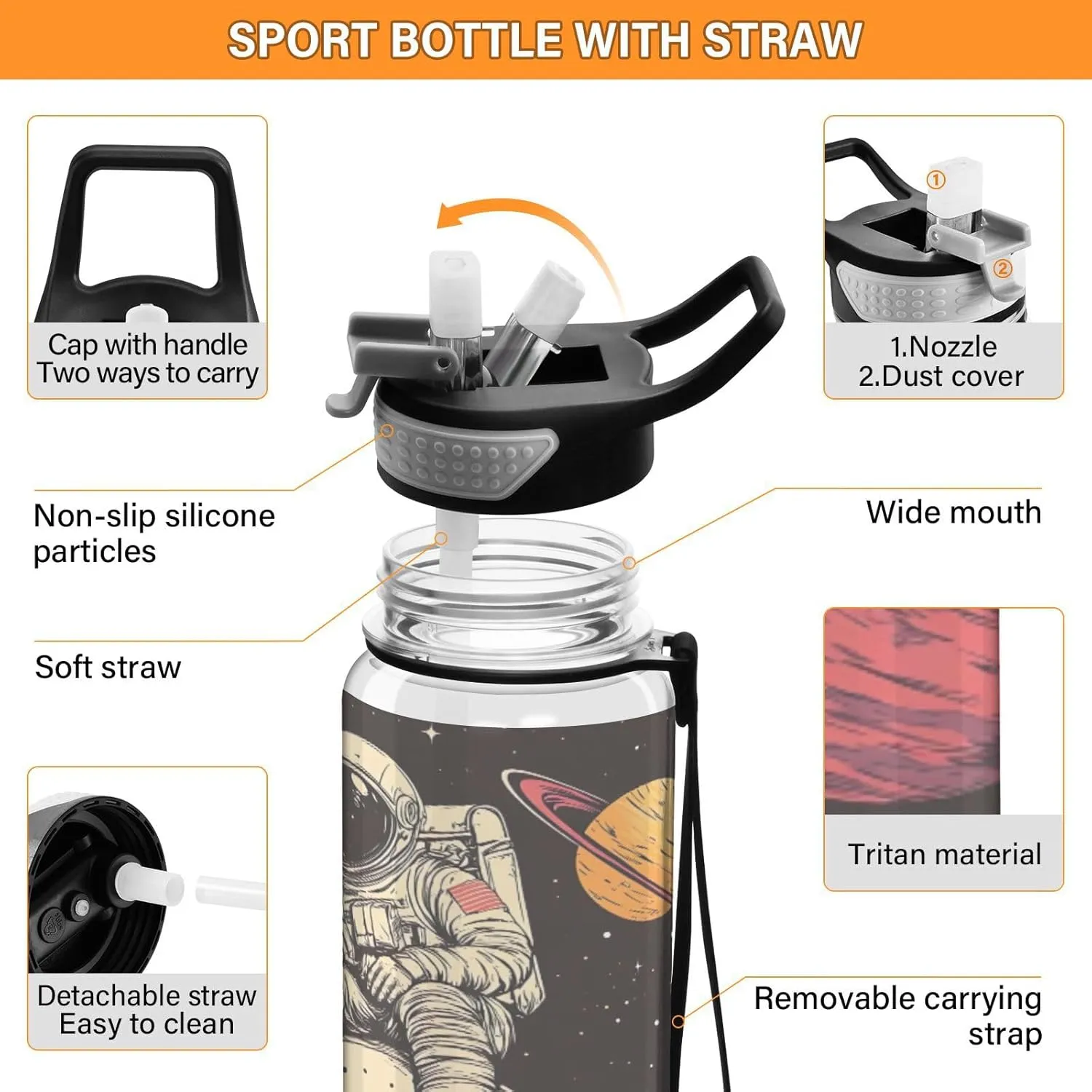 Joisal Astronaut Skull Space 32 Oz Water Bottle BPA-Free Slim Water Bottles for Outdoor Sports