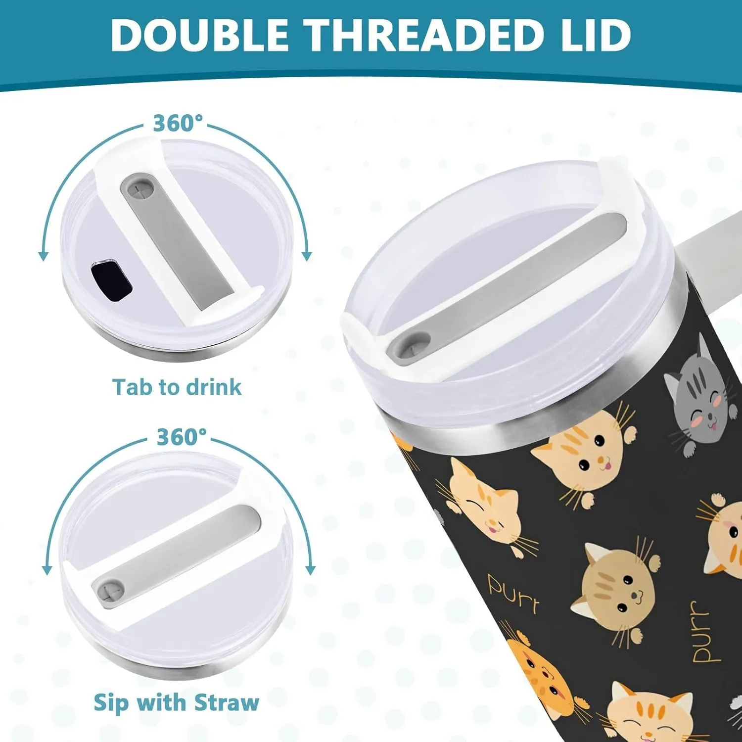 Joisal Cute Cats 40 Oz Water Bottle with Straw Slim Tumbler Reusable Stainless Steel Tumblers