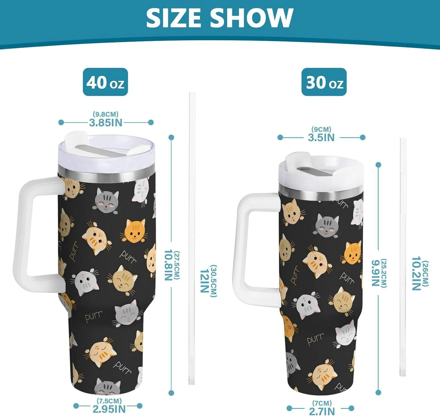 Joisal Cute Cats 40 Oz Water Bottle with Straw Slim Tumbler Reusable Stainless Steel Tumblers