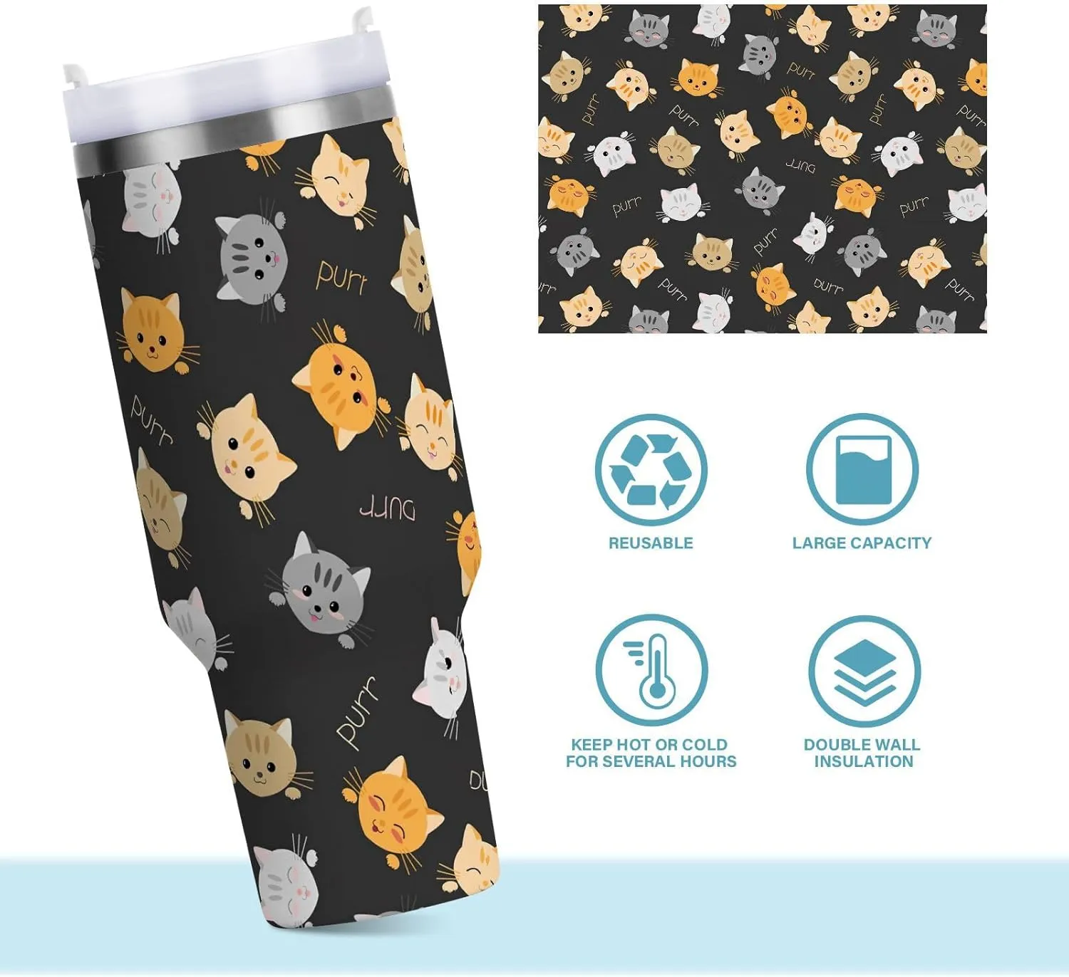 Joisal Cute Cats 40 Oz Water Bottle with Straw Slim Tumbler Reusable Stainless Steel Tumblers