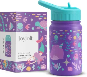 JoyJolt Kids Water Bottle with Straw Lid, 12oz Small Stainless Steel Reusable Tumbler for Kids, Girls, Boys, or Teen, Vacuum Insulated Water Bottle for School, Travel, and Outdoors, Leakproof