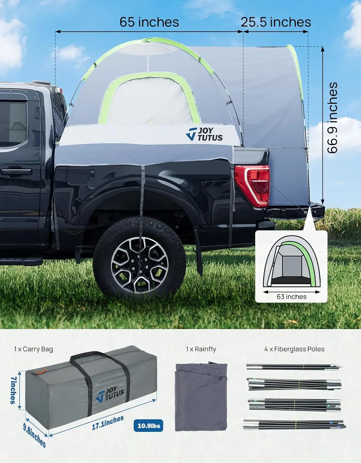 JOYTUTUS Truck Tent with Rainfly 5.5Ft-6Ft, Straight Spacious Truck Bed Tent with Sky View Mesh, Waterproof PU2000mm Double Layer for 2 Person