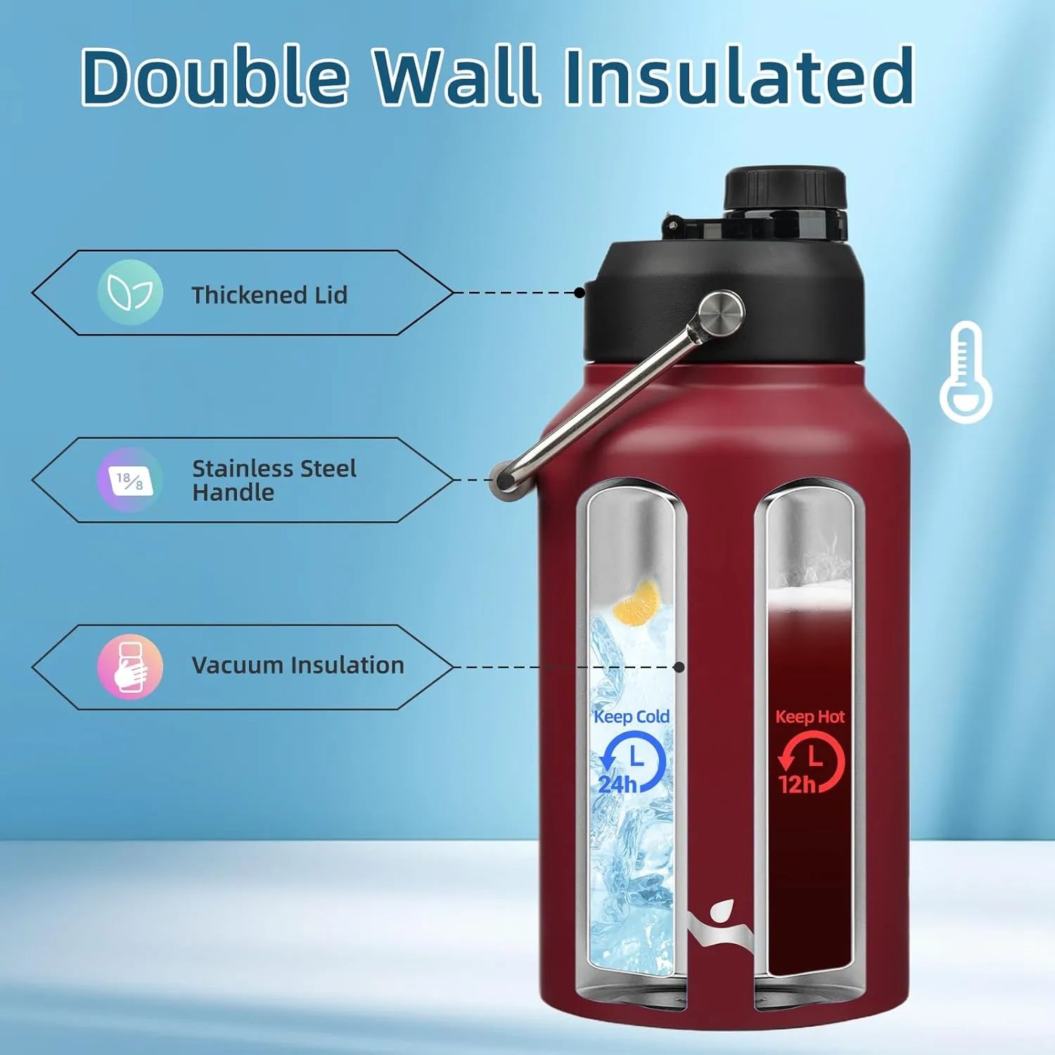 Jug with Handle,87 oz Insulated Water Bottle with Carrying Pouch, Double Wall Vacuum Stainless Steel Metal Bottle,Dark red