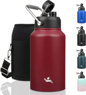 Jug with Handle,87 oz Insulated Water Bottle with Carrying Pouch, Double Wall Vacuum Stainless Steel Metal Bottle,Dark red