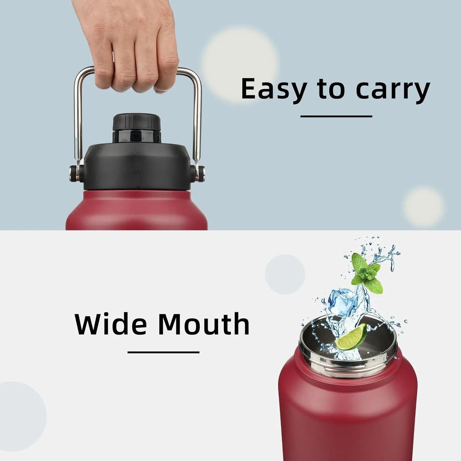 Jug with Handle,87 oz Insulated Water Bottle with Carrying Pouch, Double Wall Vacuum Stainless Steel Metal Bottle,Dark red