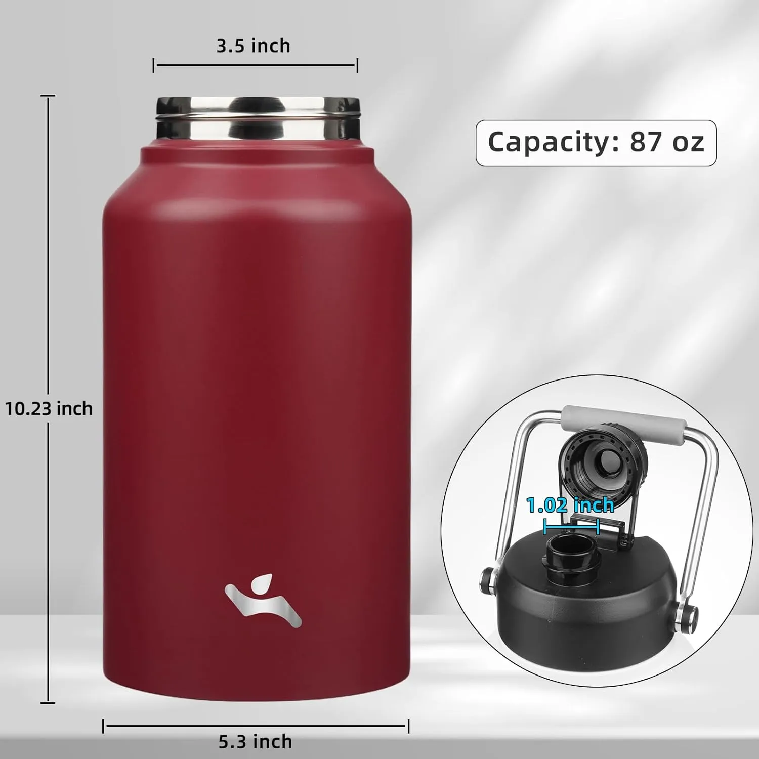 Jug with Handle,87 oz Insulated Water Bottle with Carrying Pouch, Double Wall Vacuum Stainless Steel Metal Bottle,Dark red
